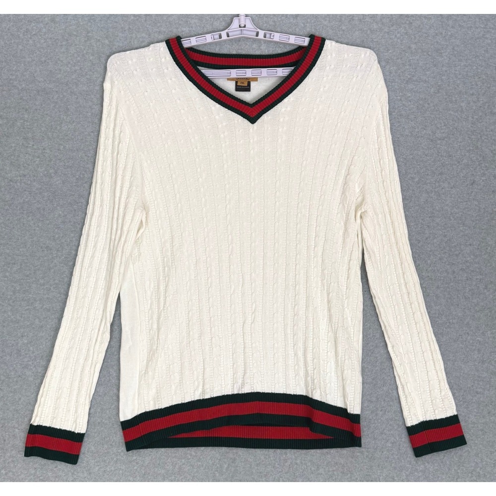 Prestige Original Cable Knit Sweater Mens 2XL White Red Green V-Neck Preppy READ